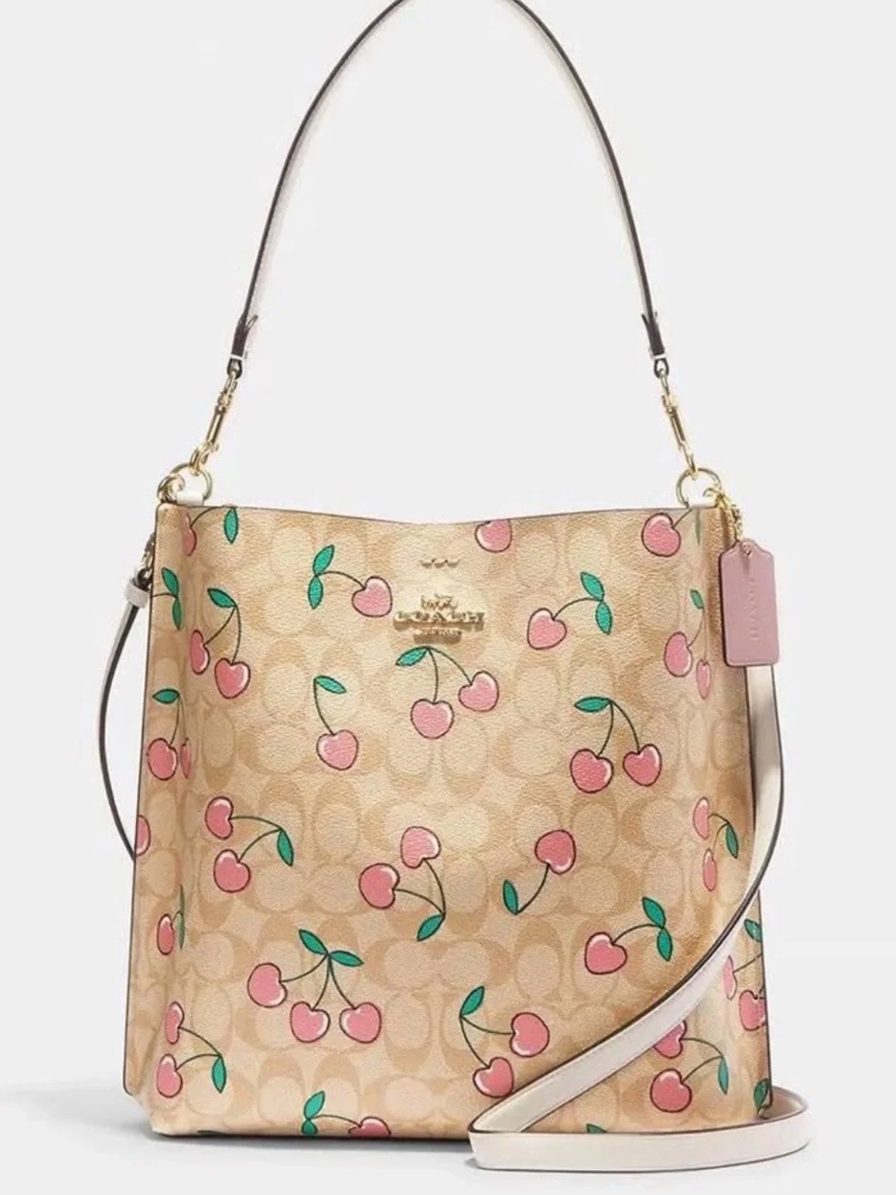 Coach Cherry Print Bucket Bag - Pink, Tan, Green